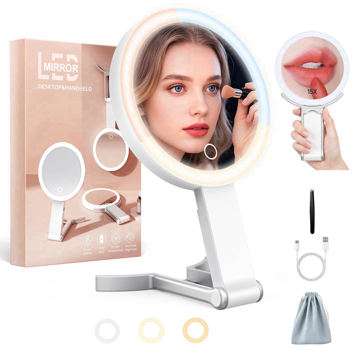 HUNCAB Travel Makeup Mirror with Lights, 15X/1X Double Sided Magnifying Mirror with 3 Color LED Lights, Rechargeable Por
