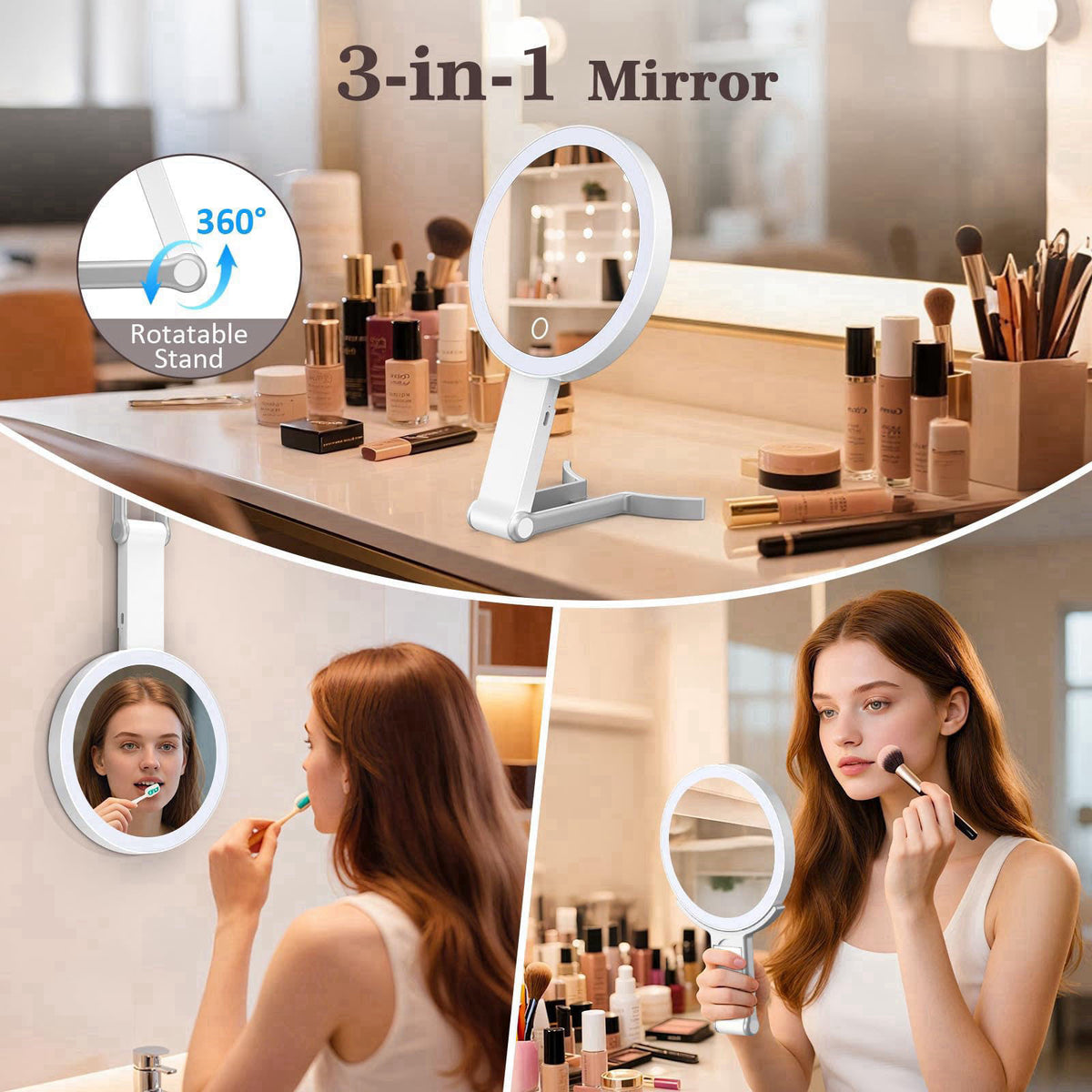 HUNCAB Travel Makeup Mirror with Lights, 15X/1X Double Sided Magnifying Mirror with 3 Color LED Lights, Rechargeable Por