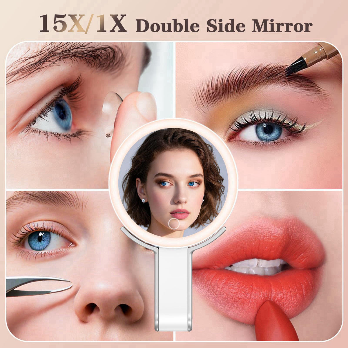 HUNCAB Travel Makeup Mirror with Lights, 15X/1X Double Sided Magnifying Mirror with 3 Color LED Lights, Rechargeable Por