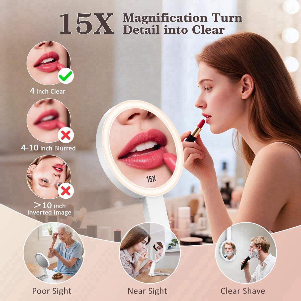 HUNCAB Travel Makeup Mirror with Lights, 15X/1X Double Sided Magnifying Mirror with 3 Color LED Lights, Rechargeable Por