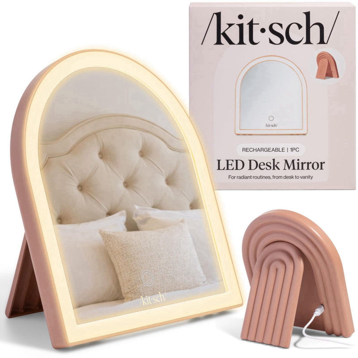 Kitsch Arch Desk Vanity Mirror with Lights - Terracotta – Terracotta, Plastic