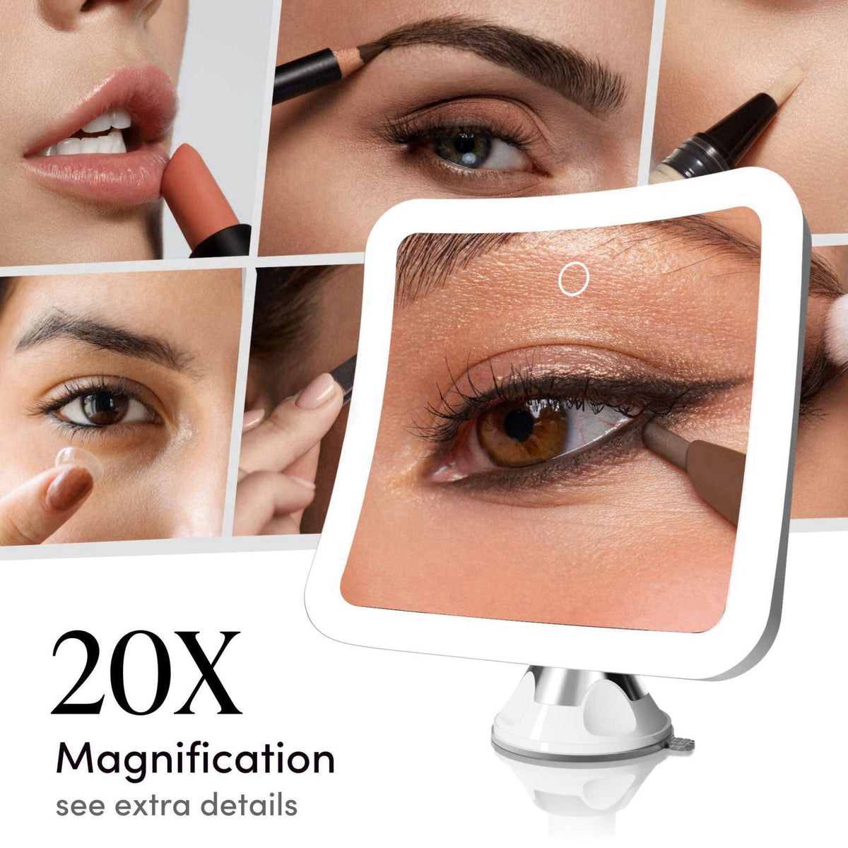Fancii 20x Magnifying Makeup Mirror with LED Lights, Rechargeable, High Zoom | 7-inch Large Lighted Travel Mirror for Va