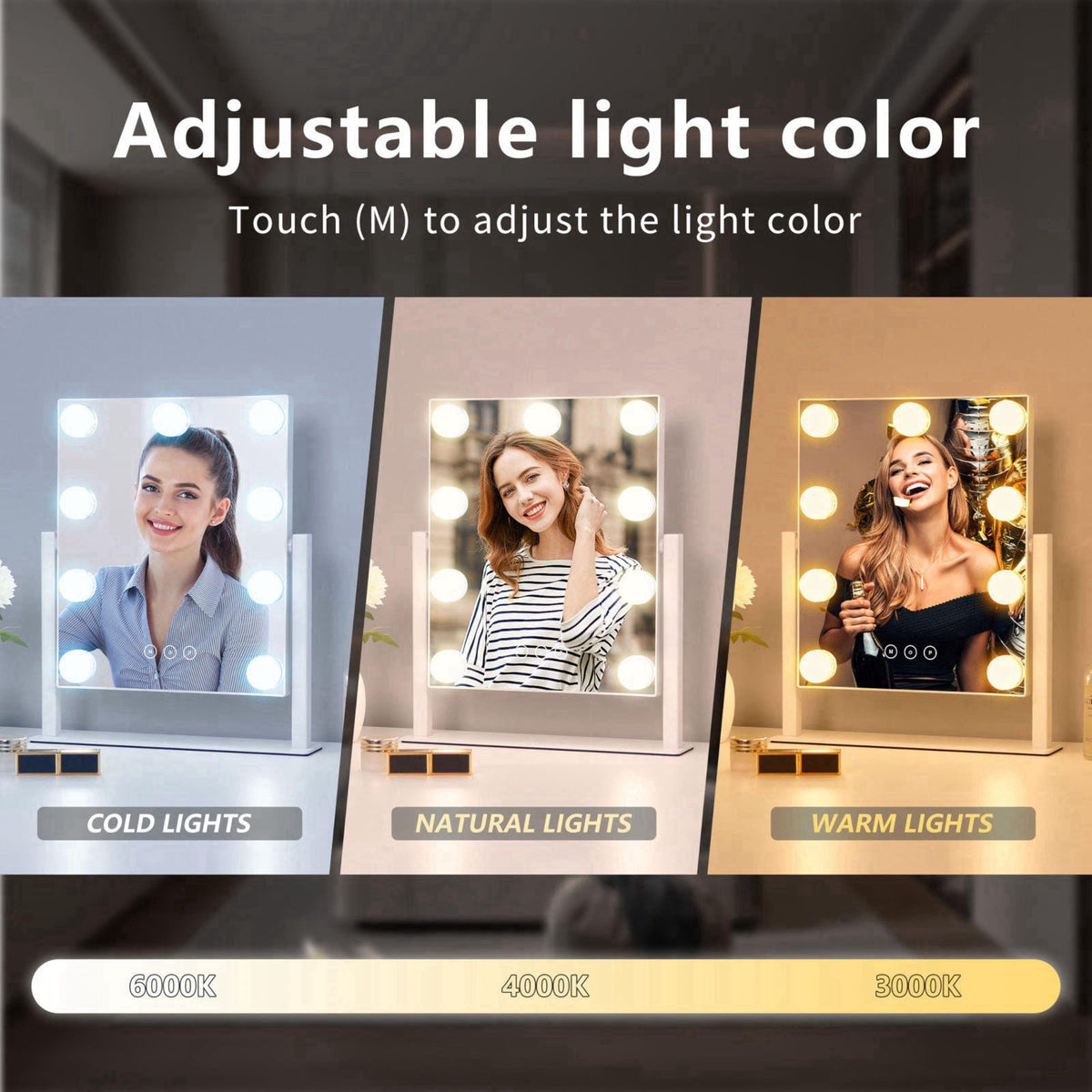 Acoolda Vanity Mirror with Lights, Hollywood Vanity Makeup Mirror with 9 Dimmable LED Bulbs, 3 Color Lighting Modes, Det