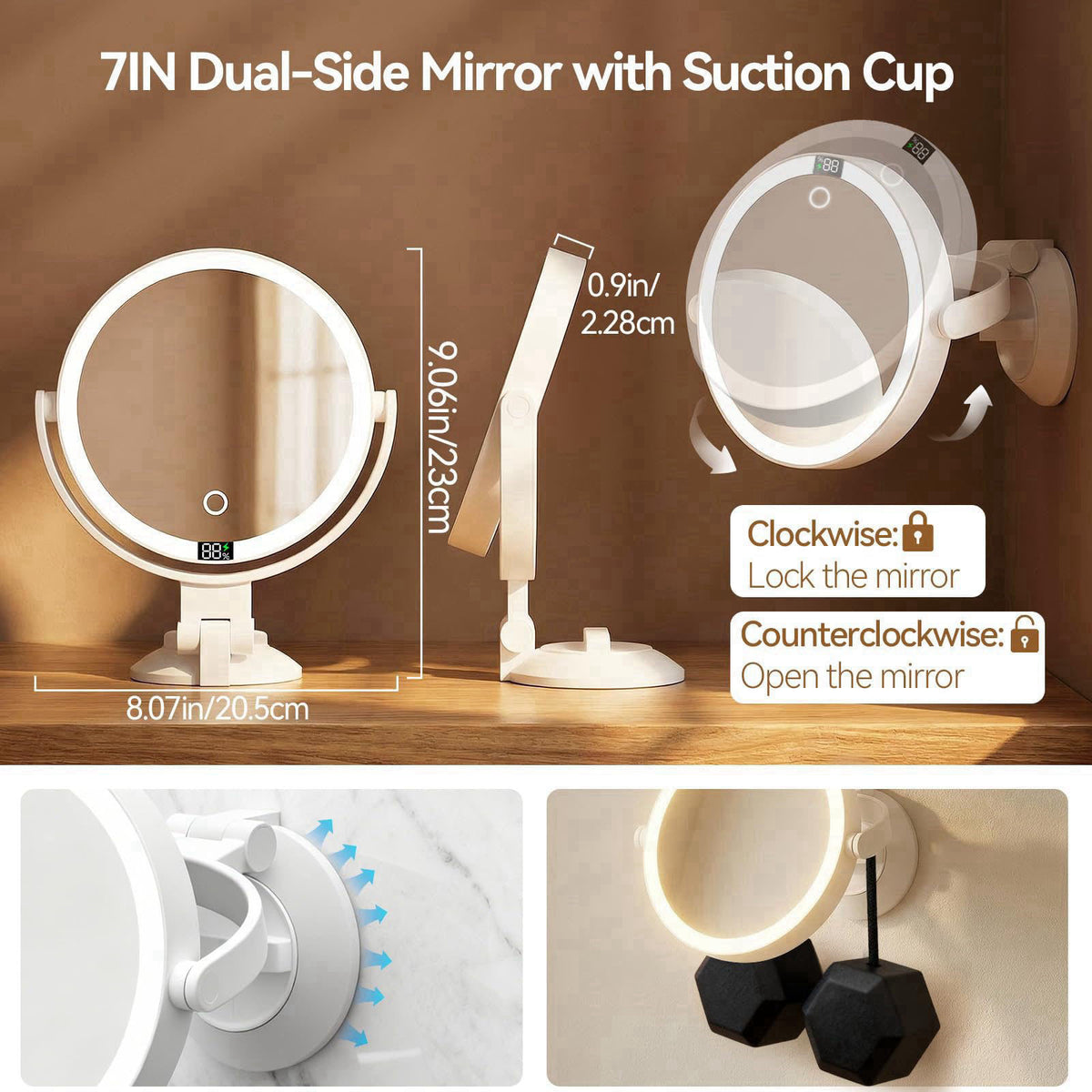 Shinowa 20X Magnifying Mirror Suction Cup with Lights, Wall Mounted Makeup Mirror – close-up detail