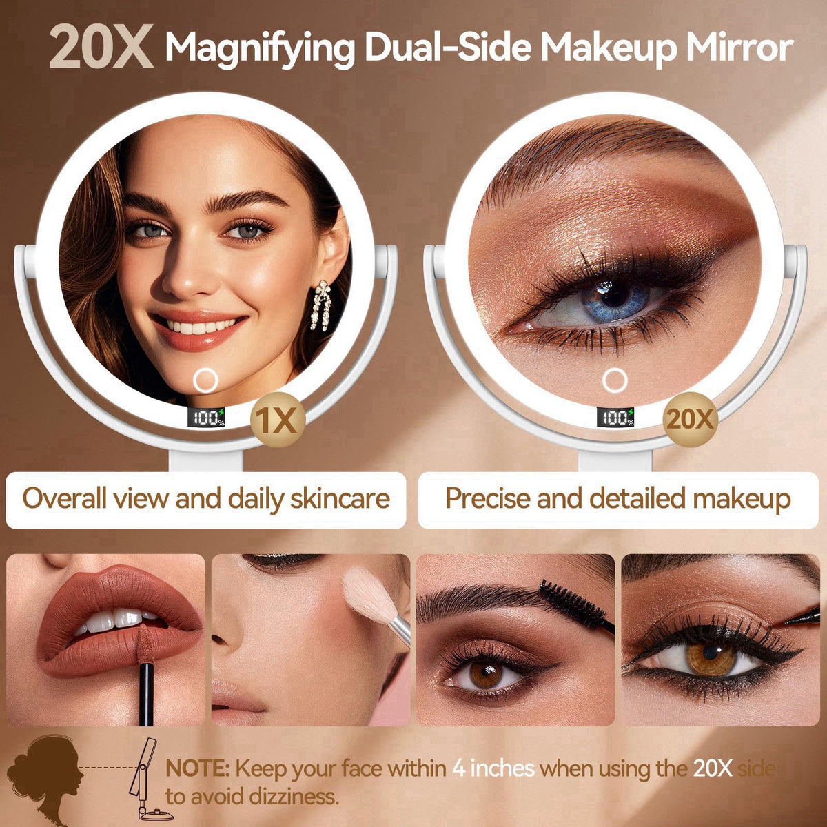 Shinowa 20X Magnifying Mirror Suction Cup with Lights, Wall Mounted Makeup Mirror – packaging and label