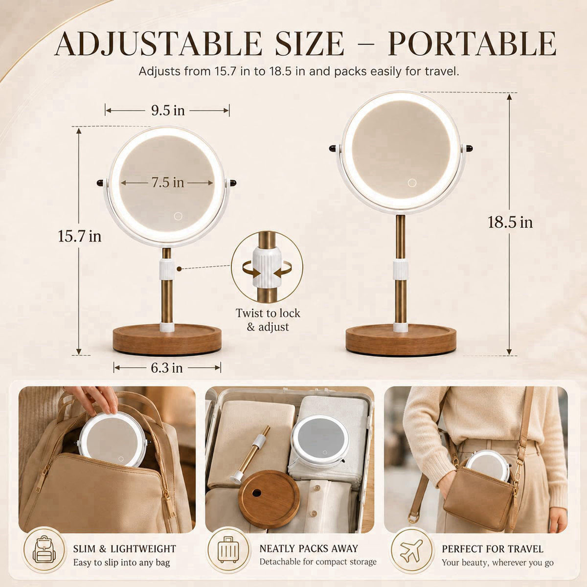 Osuke Makeup Mirror with Lights, 1X/5X Double Sided Magnifying Vanity Mirror, Rechargeable Lighted Desk Mirror with 3 Co