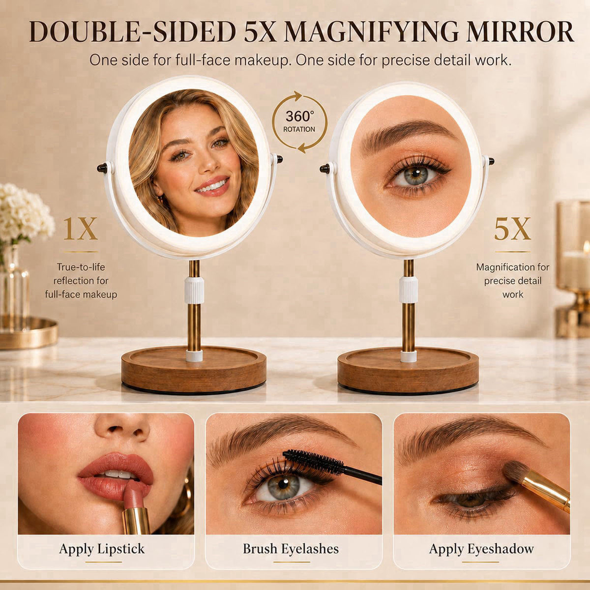 Osuke Makeup Mirror with Lights, 1X/5X Double Sided Magnifying Vanity Mirror, Rechargeable Lighted Desk Mirror with 3 Co