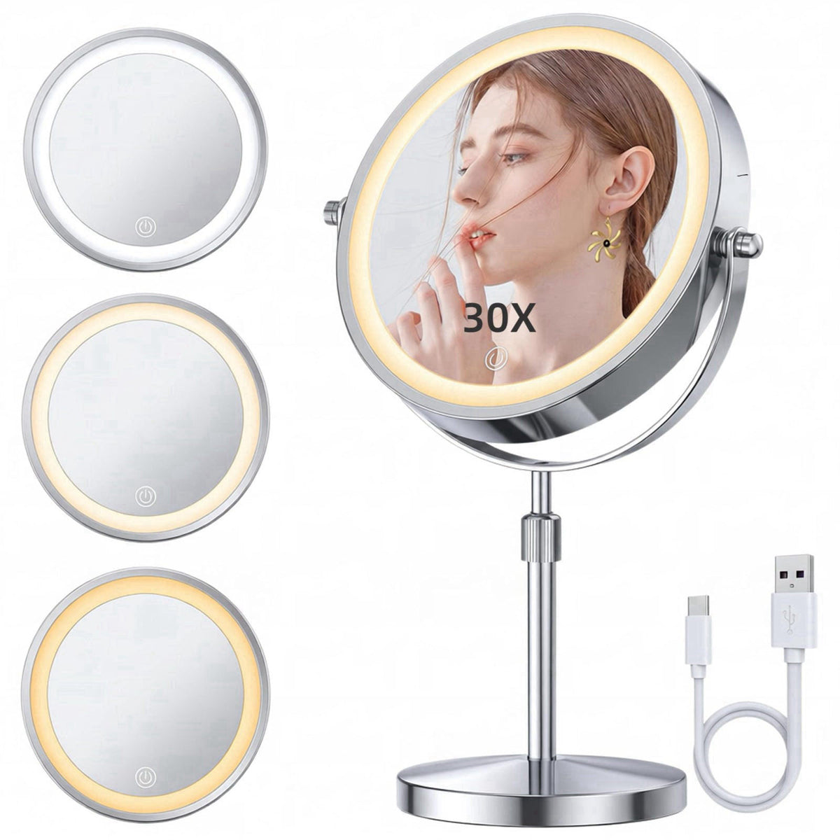 8 Inch Double Sided Vanity Mirror, 1X 30X Magnifying Makeup Mirror with 3 Color Dimmable LED Lights, 5000mAh Rechargeabl