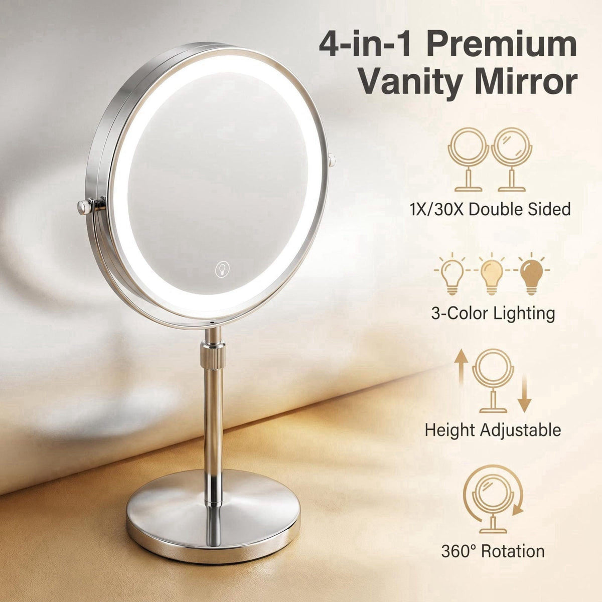 8 Inch Double Sided Vanity Mirror, 1X 30X Magnifying Makeup Mirror with 3 Color Dimmable LED Lights, 5000mAh Rechargeabl