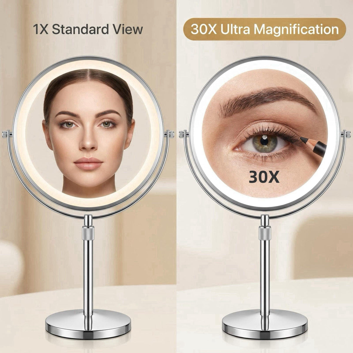 8 Inch Double Sided Vanity Mirror, 1X 30X Magnifying Makeup Mirror with 3 Color Dimmable LED Lights, 5000mAh Rechargeabl