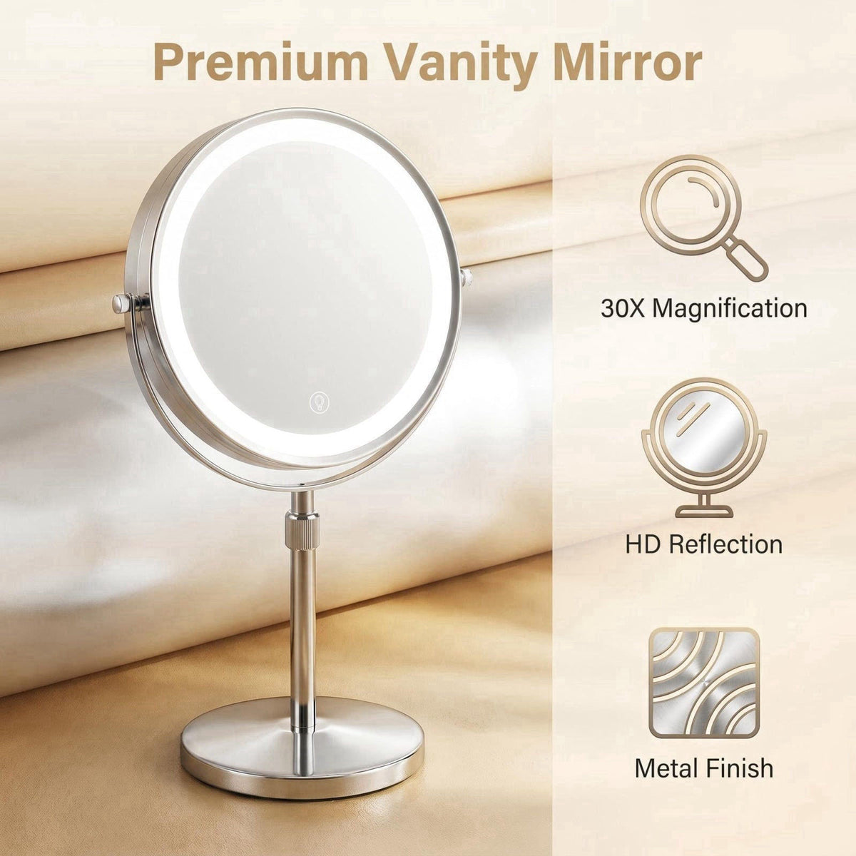8 Inch Double Sided Vanity Mirror, 1X 30X Magnifying Makeup Mirror with 3 Color Dimmable LED Lights, 5000mAh Rechargeabl