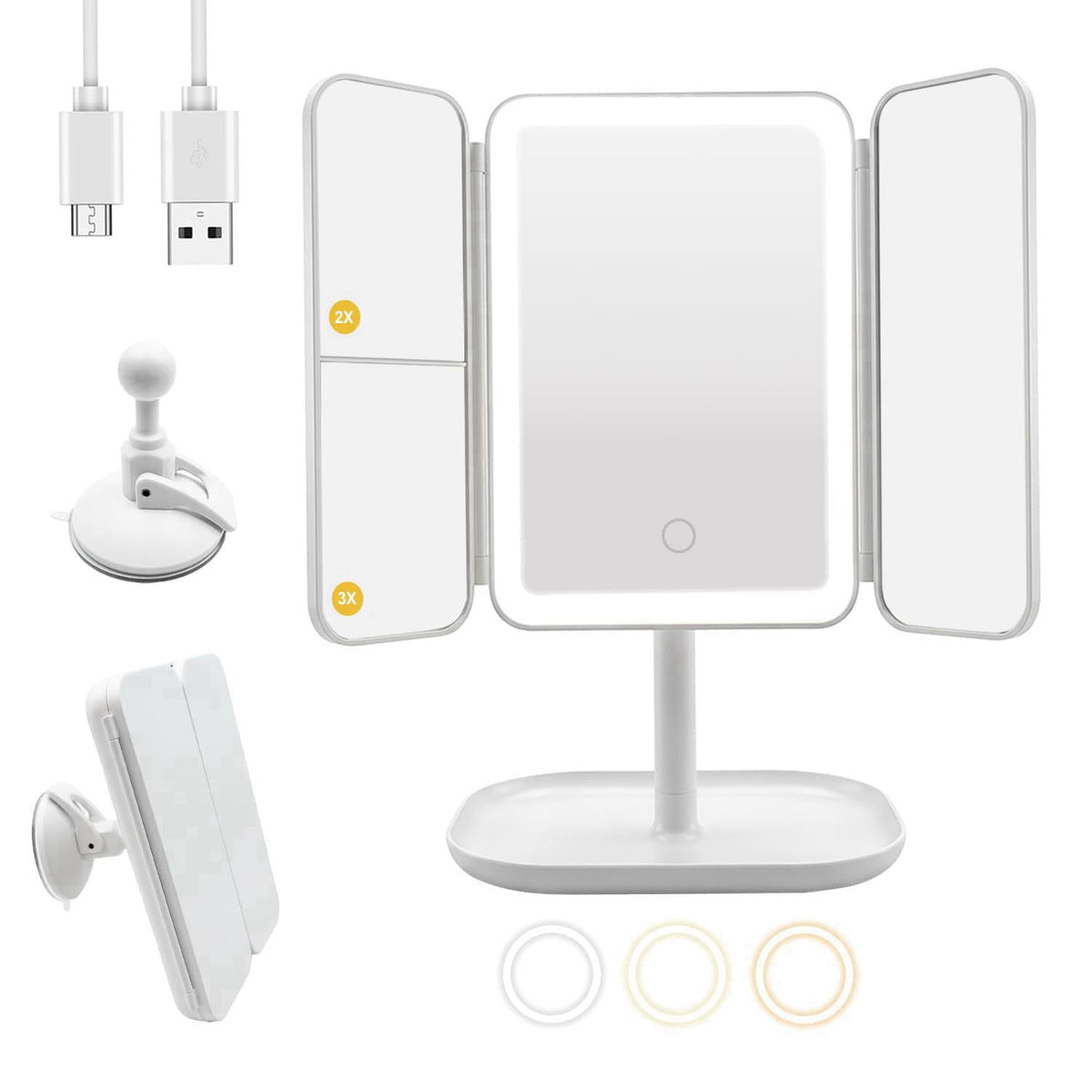 Hoxutym Trifold Makeup Mirror with Lights, 3000mAh Vanity Mirror | 3X/2X/1X Magnification Suction&Stand Base, 360° Adjus