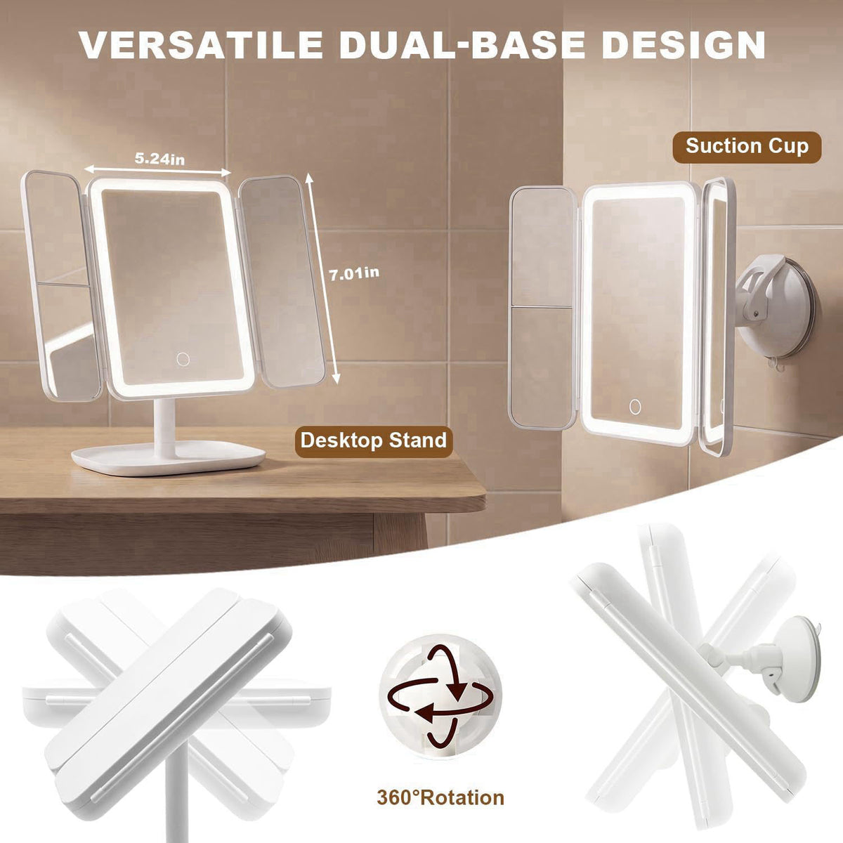 Hoxutym Trifold Makeup Mirror with Lights, 3000mAh Vanity Mirror | 3X/2X/1X Magnification Suction&Stand Base, 360° Adjus