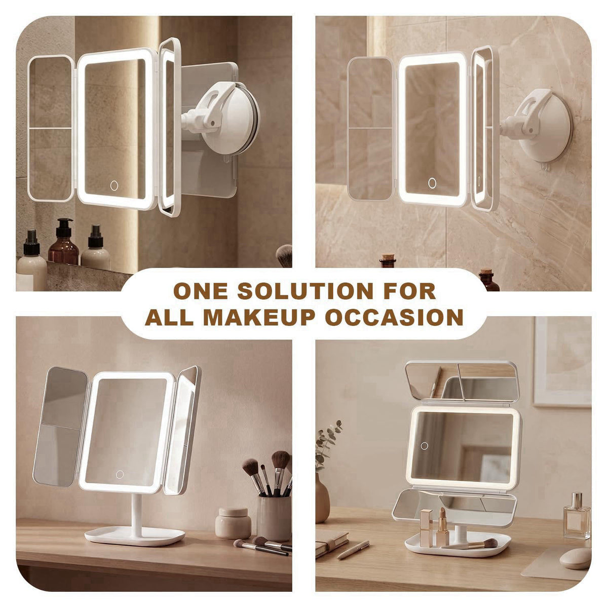 Hoxutym Trifold Makeup Mirror with Lights, 3000mAh Vanity Mirror | 3X/2X/1X Magnification Suction&Stand Base, 360° Adjus