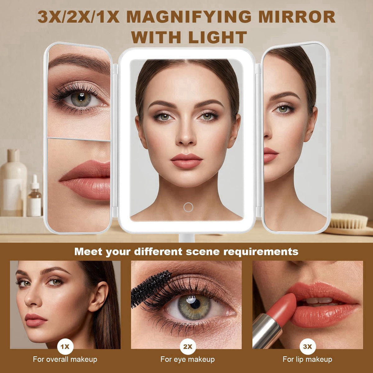 Hoxutym Trifold Makeup Mirror with Lights, 3000mAh Vanity Mirror | 3X/2X/1X Magnification Suction&Stand Base, 360° Adjus