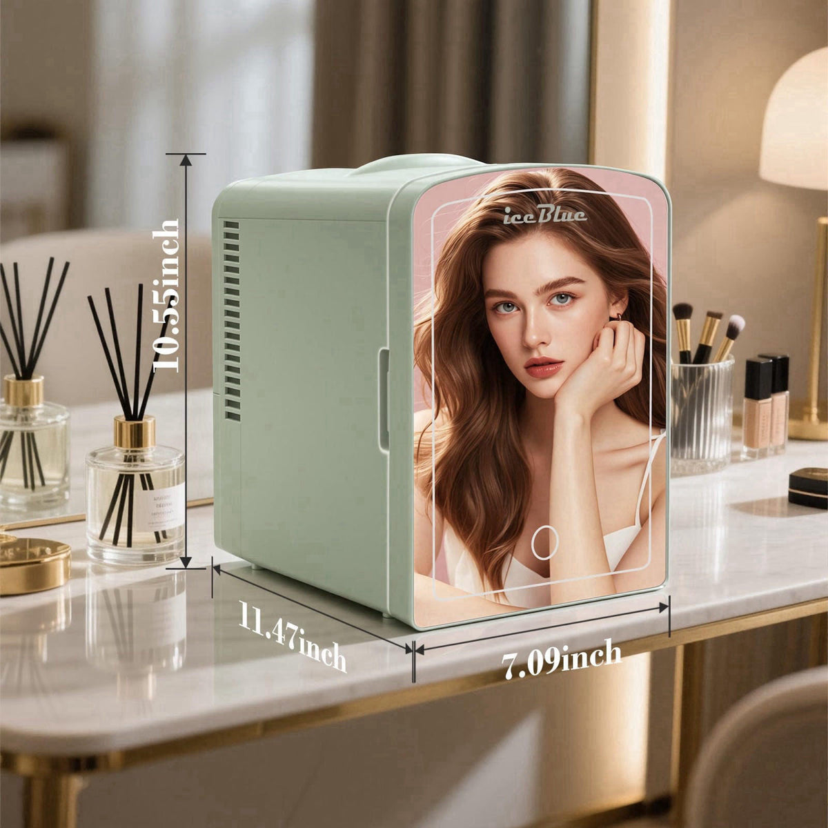 Iceblue Mini Fridge, 6 Liter /9 Cans Makeup Fridge with LED Mirror (Green) – close-up detail