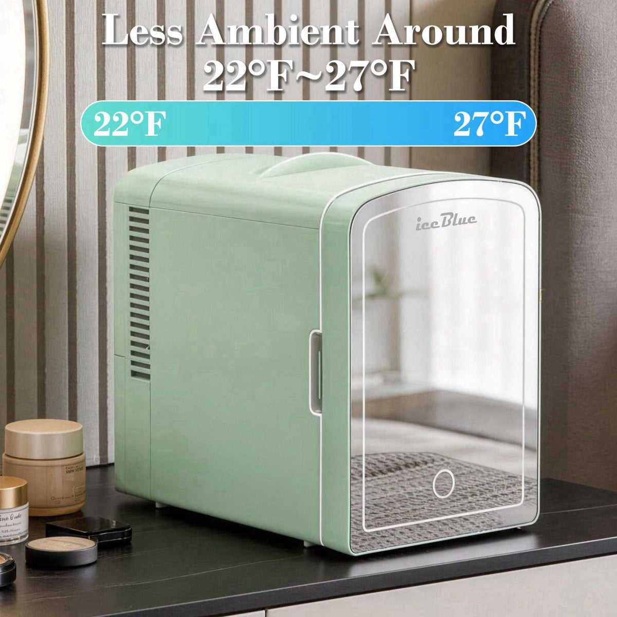 Iceblue Mini Fridge, 6 Liter /9 Cans Makeup Fridge with LED Mirror (Green) – full view