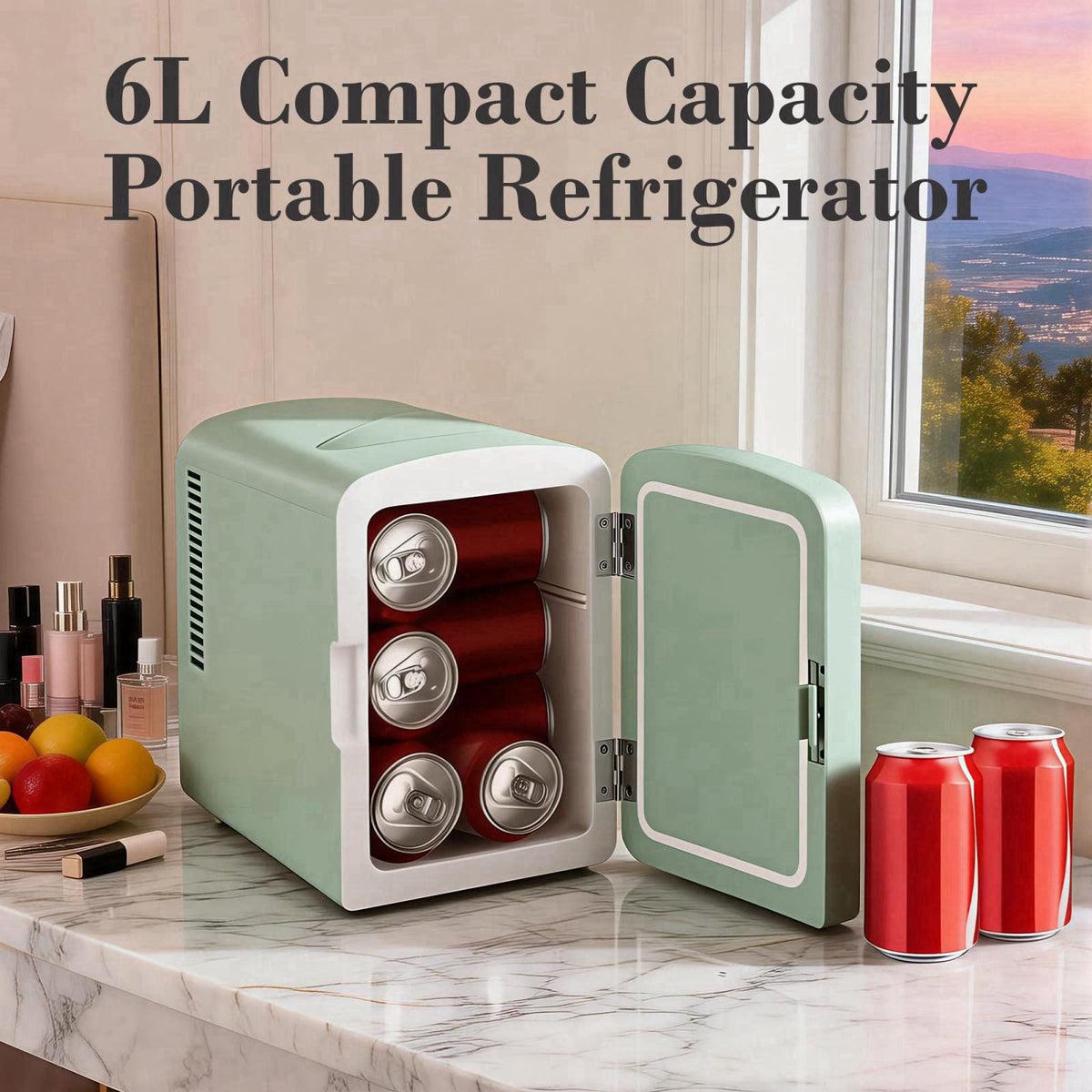 Iceblue Mini Fridge, 6 Liter /9 Cans Makeup Fridge with LED Mirror (Green) – back view and specifications
