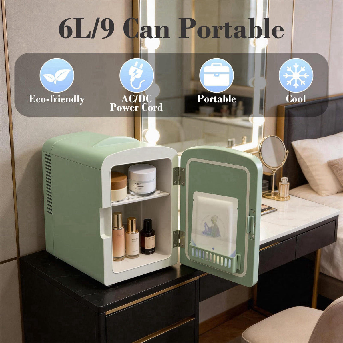 Iceblue Mini Fridge, 6 Liter /9 Cans Makeup Fridge with LED Mirror (Green) – alternate angle