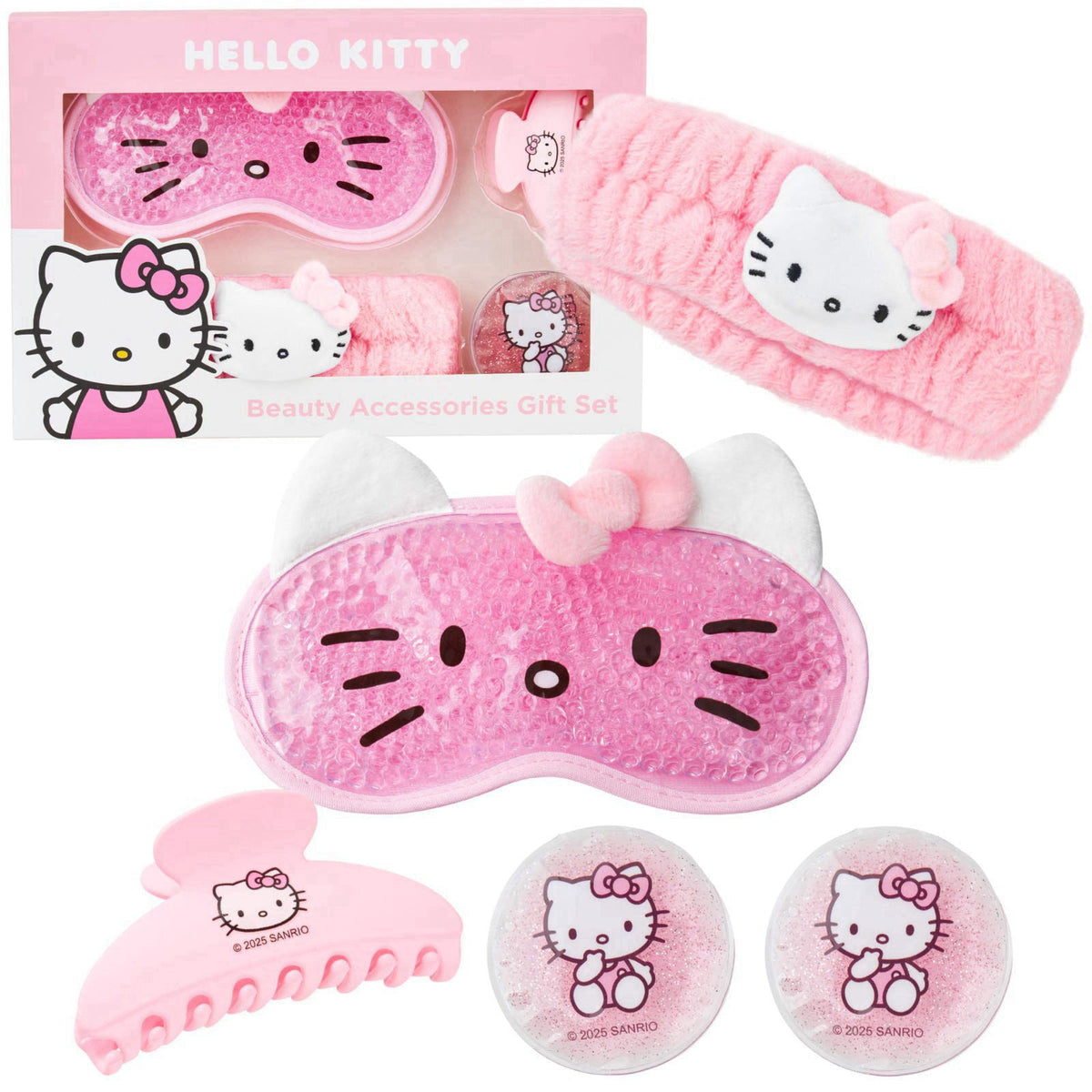 Hello Kitty Sanrio Beauty Set for Women, Teens with Cooling Gel Eye Mask, Plush Skincare Headband, Claw Clip, Eye Pads, 