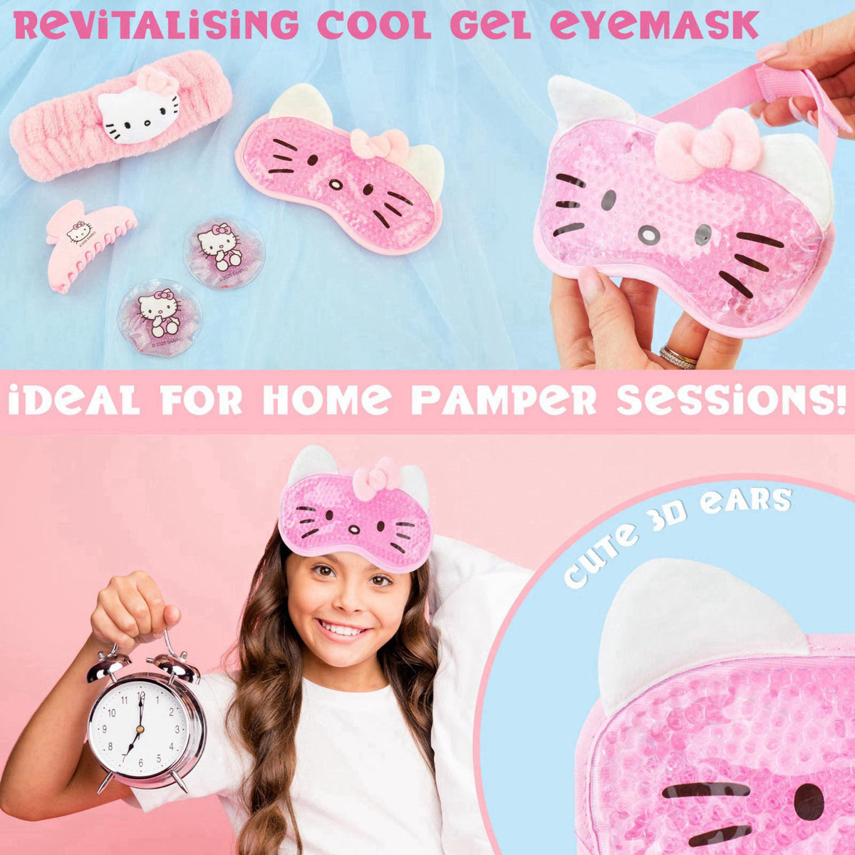 Hello Kitty Sanrio Beauty Set for Women, Teens with Cooling Gel Eye Mask, Plush Skincare Headband, Claw Clip, Eye Pads, 