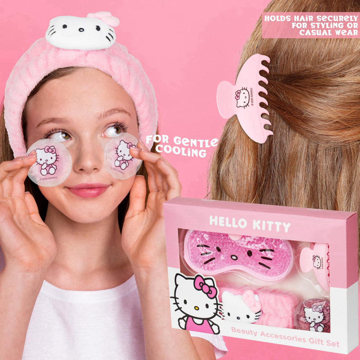 Hello Kitty Sanrio Beauty Set for Women, Teens with Cooling Gel Eye Mask, Plush Skincare Headband, Claw Clip, Eye Pads, 
