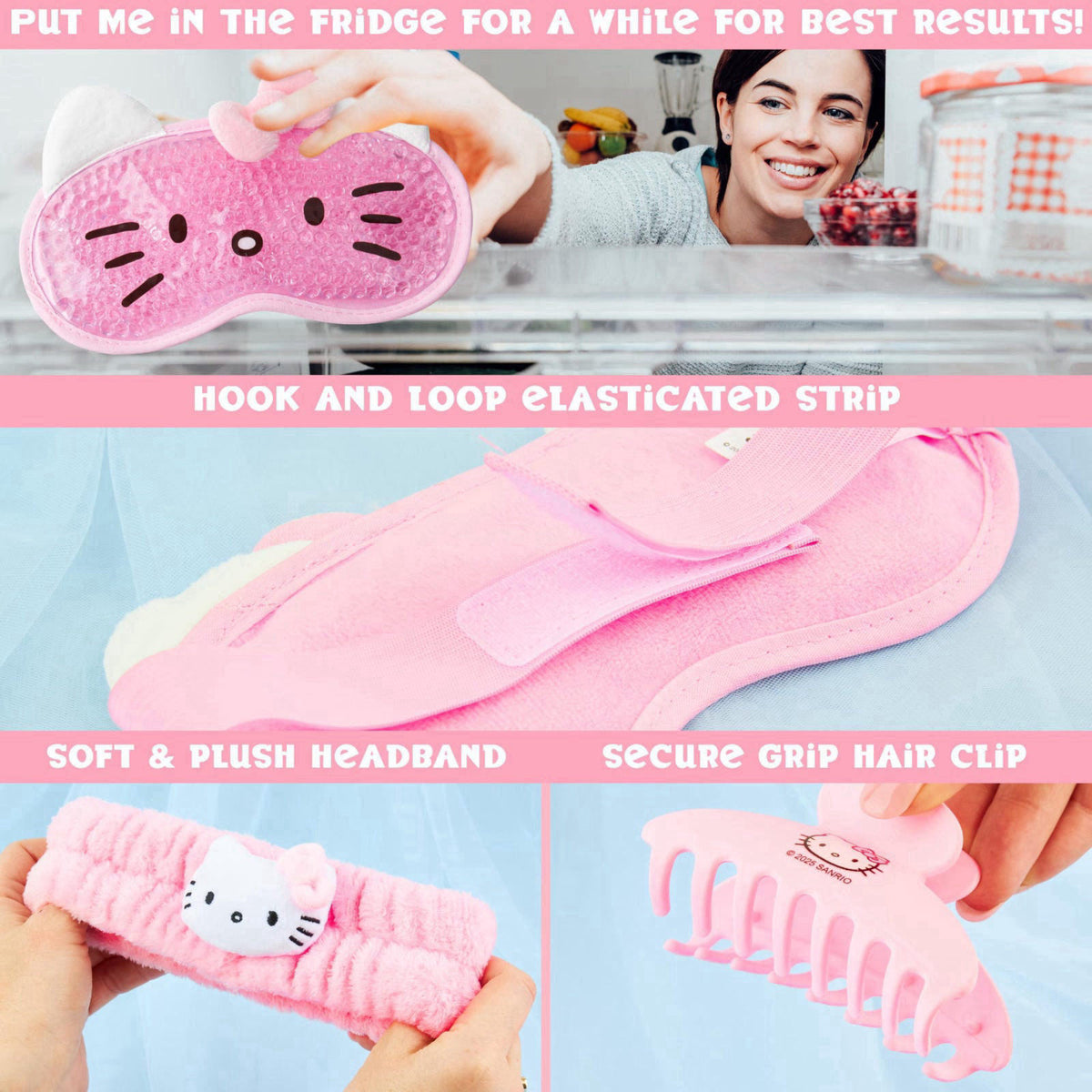 Hello Kitty Sanrio Beauty Set for Women, Teens with Cooling Gel Eye Mask, Plush Skincare Headband, Claw Clip, Eye Pads, 
