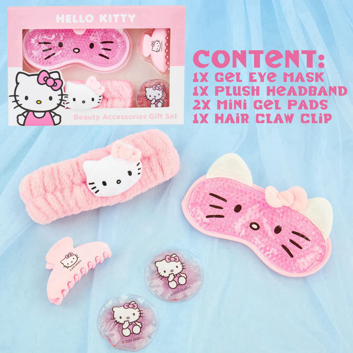 Hello Kitty Sanrio Beauty Set for Women, Teens with Cooling Gel Eye Mask, Plush Skincare Headband, Claw Clip, Eye Pads, 
