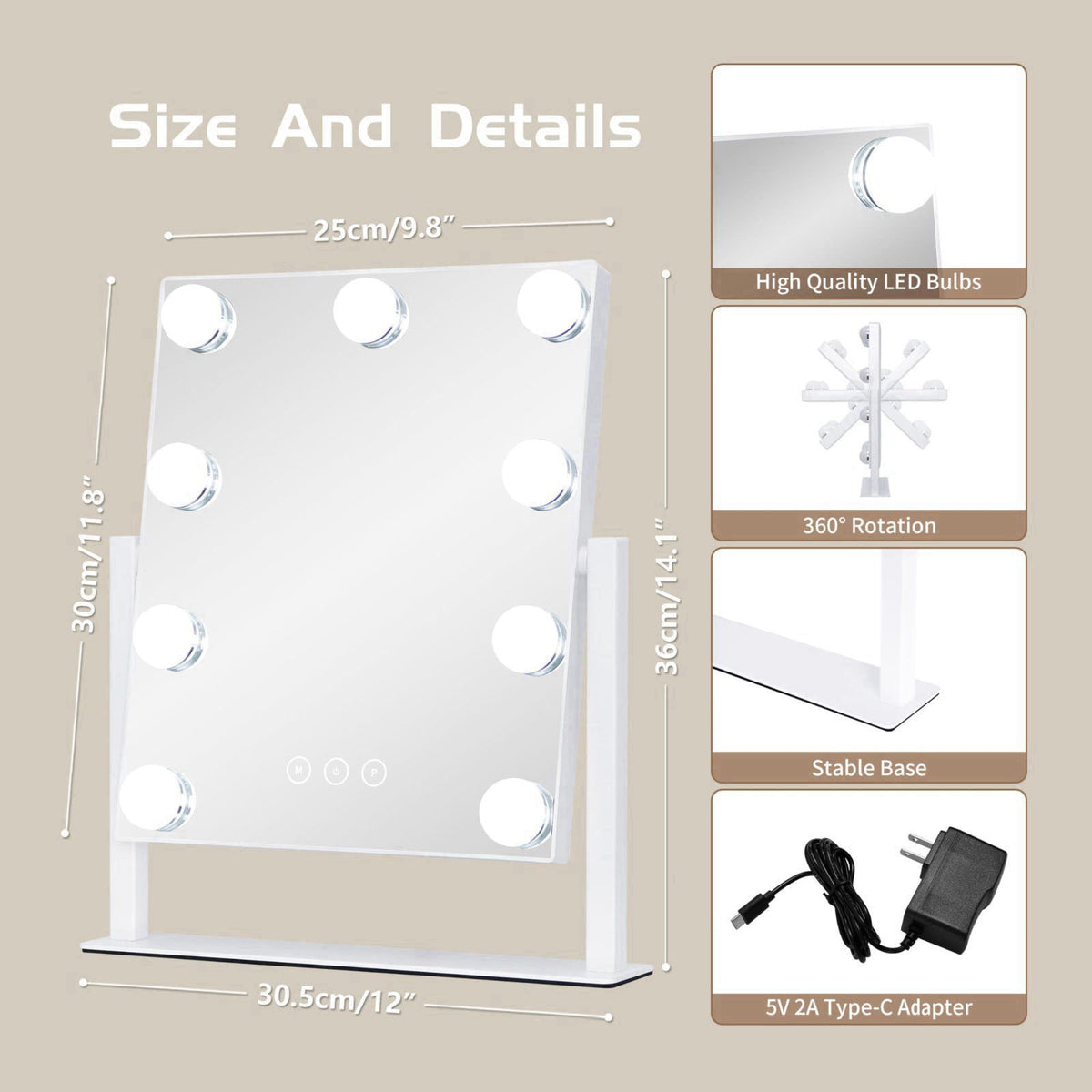 NUSVAN Vanity Mirror with Lights, Makeup Mirror with Lights,3 Color Lighting Modes Detachable 10X Magnification Mirror T