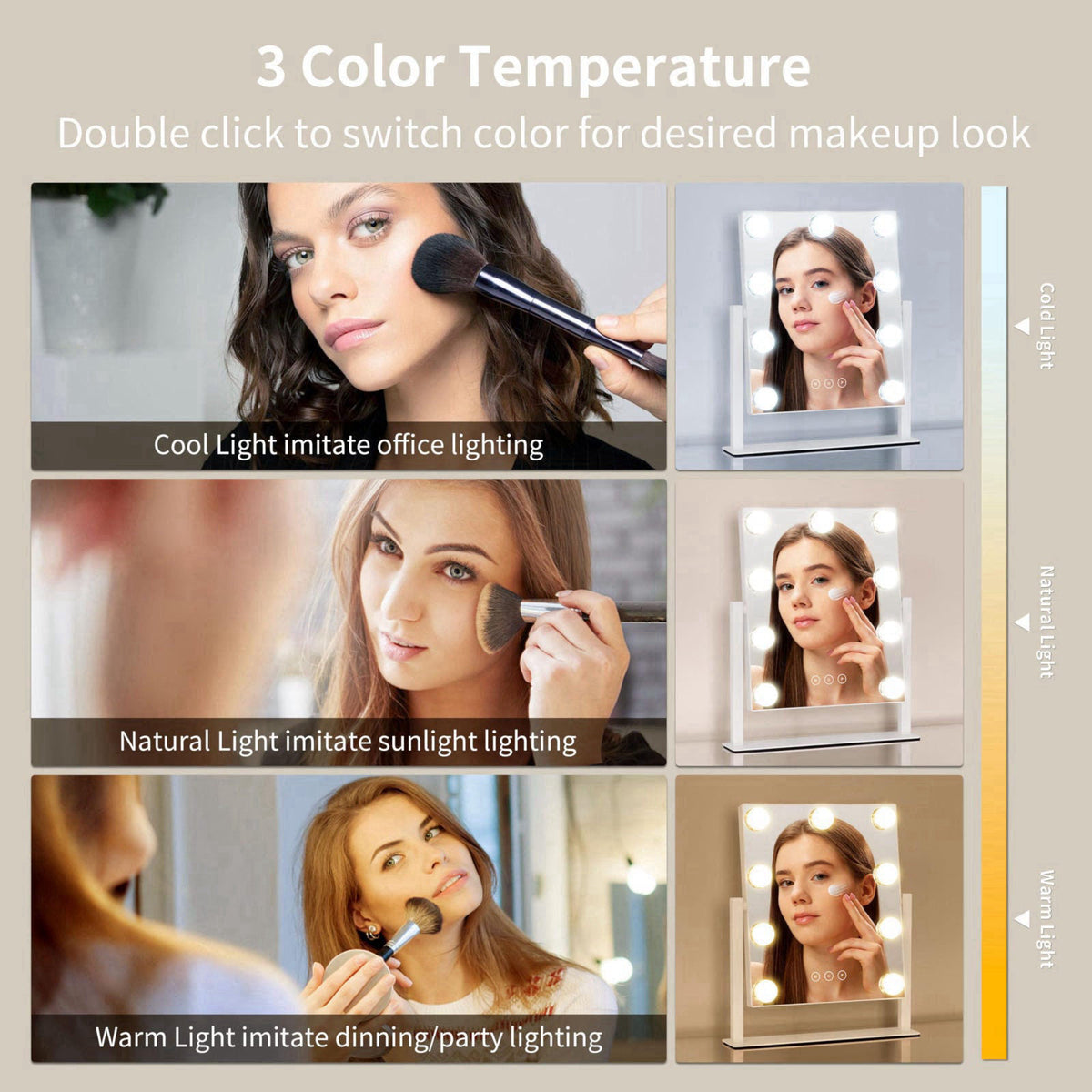 NUSVAN Vanity Mirror with Lights, Makeup Mirror with Lights,3 Color Lighting Modes Detachable 10X Magnification Mirror T