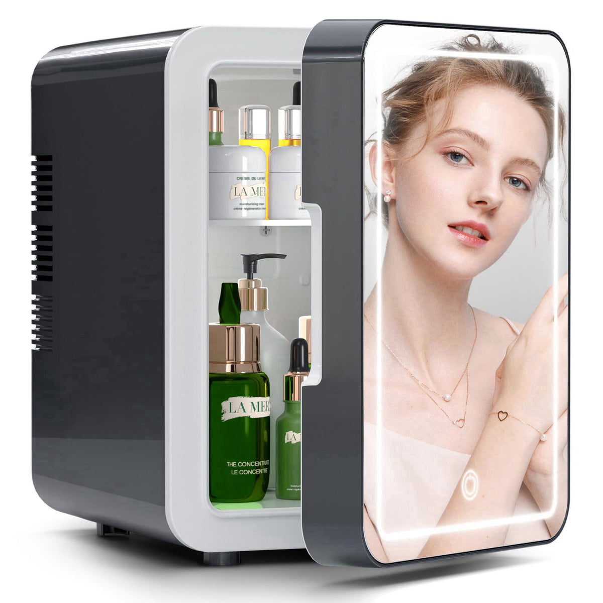 BOGDA Mini Skincare Fridge (4 Liter/6 Can) with Dimmable LED Light Mirror, Cooler and Warmer for Refrigerating Make Up, 