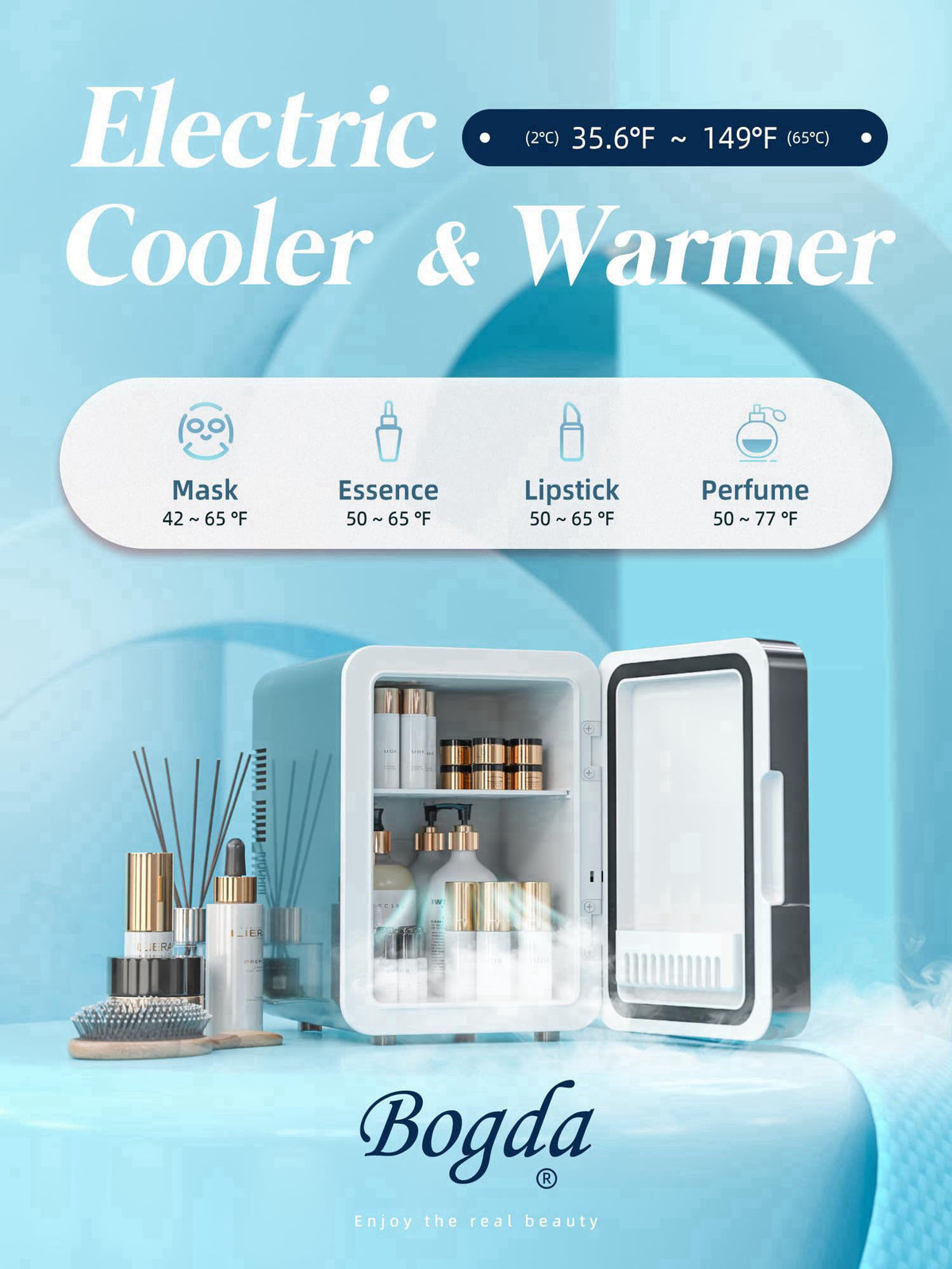 BOGDA Mini Skincare Fridge (4 Liter/6 Can) with Dimmable LED Light Mirror, Cooler and Warmer for Refrigerating Make Up, 