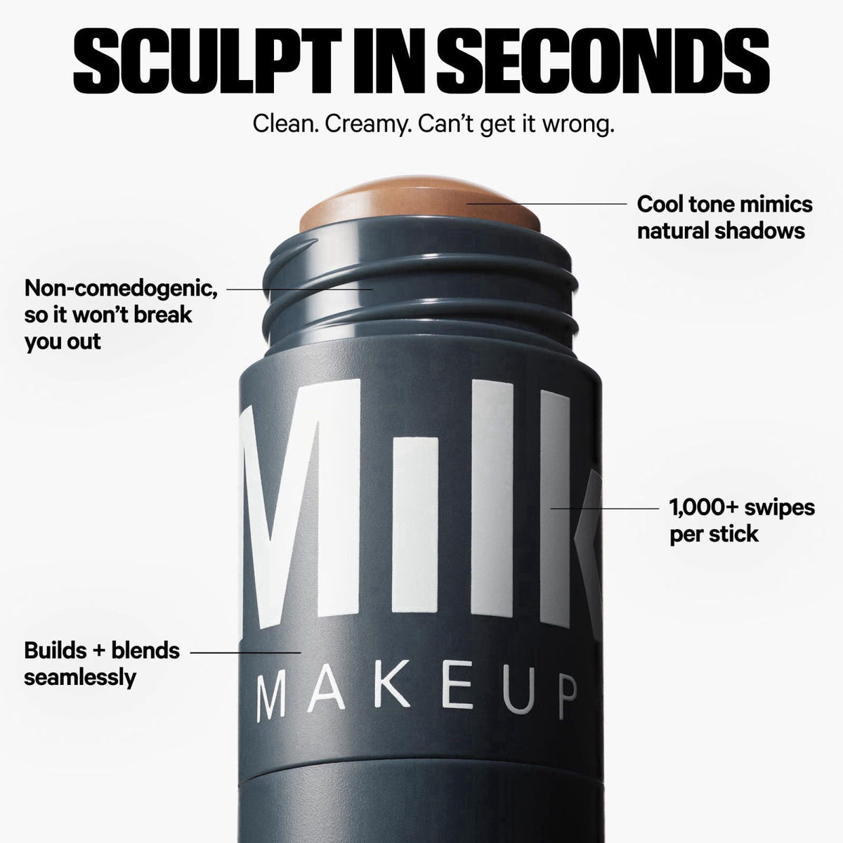 Milk Makeup Quick Sculpt Creamy Matte Contour Stick – Buildable + Blendable – packaging and label