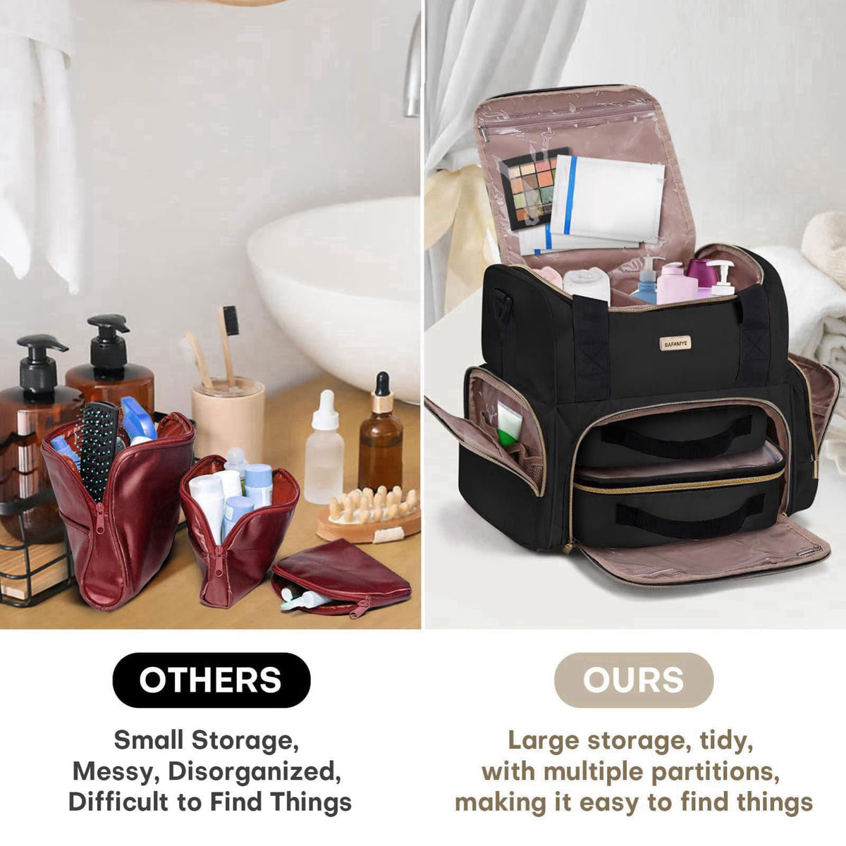 BAFAMYE Large Makeup Travel Cosmetic Bag with 2 Removable Case, Double Layer Big Travel Make Up Organizer Case, Toiletry