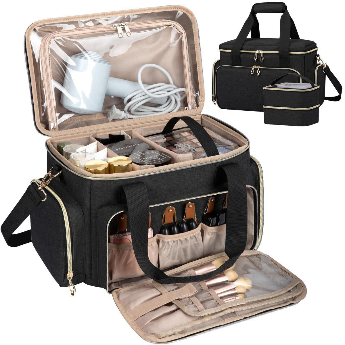 GDNasist Large Makeup Bag, Portable Travel Makeup Bag Organizer – Black, Polyester