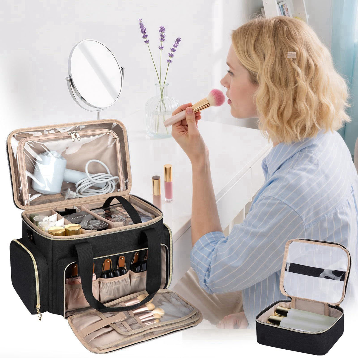 GDNasist Large Makeup Bag, Portable Travel Makeup Bag Organizer – close-up detail in Black