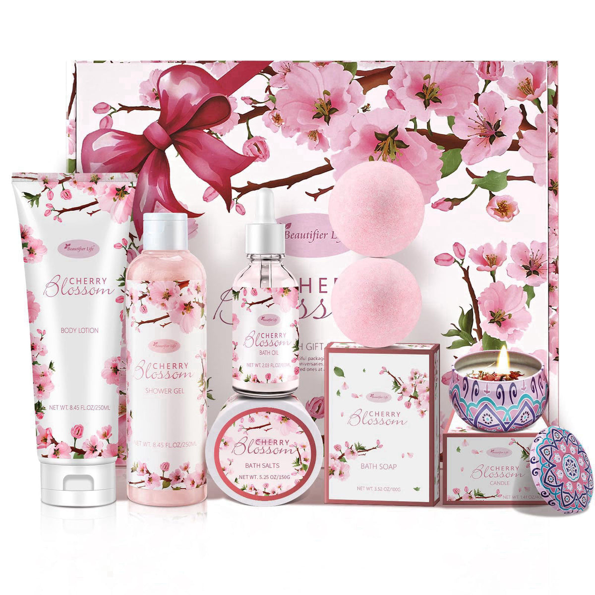Beautifier Life Japanese Cherry Blossom Bath and Body Set, 7-Piece Spa Kit with Shower Gel, Body Lotion, Bath Oil, Bath 