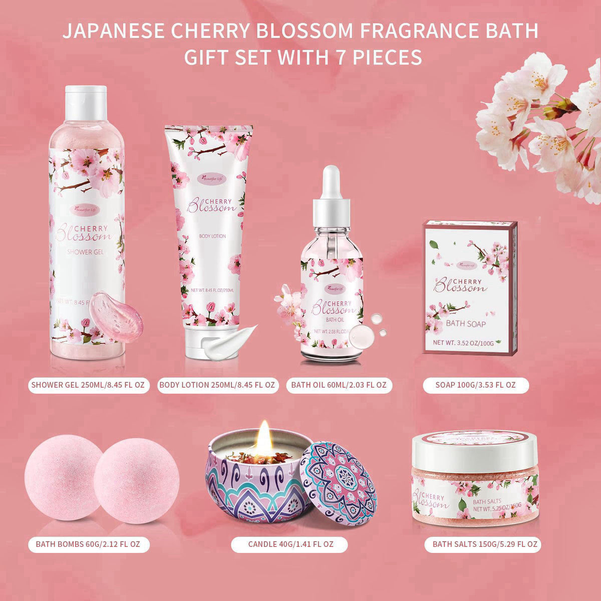 Beautifier Life Japanese Cherry Blossom Bath and Body Set, 7-Piece Spa Kit with Shower Gel, Body Lotion, Bath Oil, Bath 