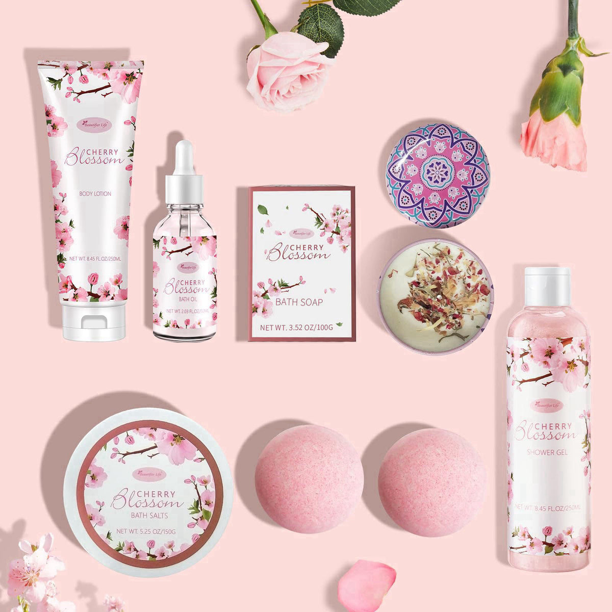 Beautifier Life Japanese Cherry Blossom Bath and Body Set, 7-Piece Spa Kit with Shower Gel, Body Lotion, Bath Oil, Bath 