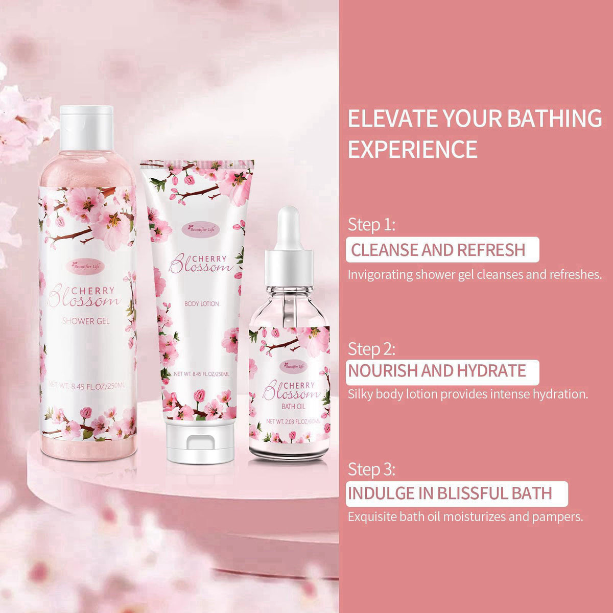 Beautifier Life Japanese Cherry Blossom Bath and Body Set, 7-Piece Spa Kit with Shower Gel, Body Lotion, Bath Oil, Bath 