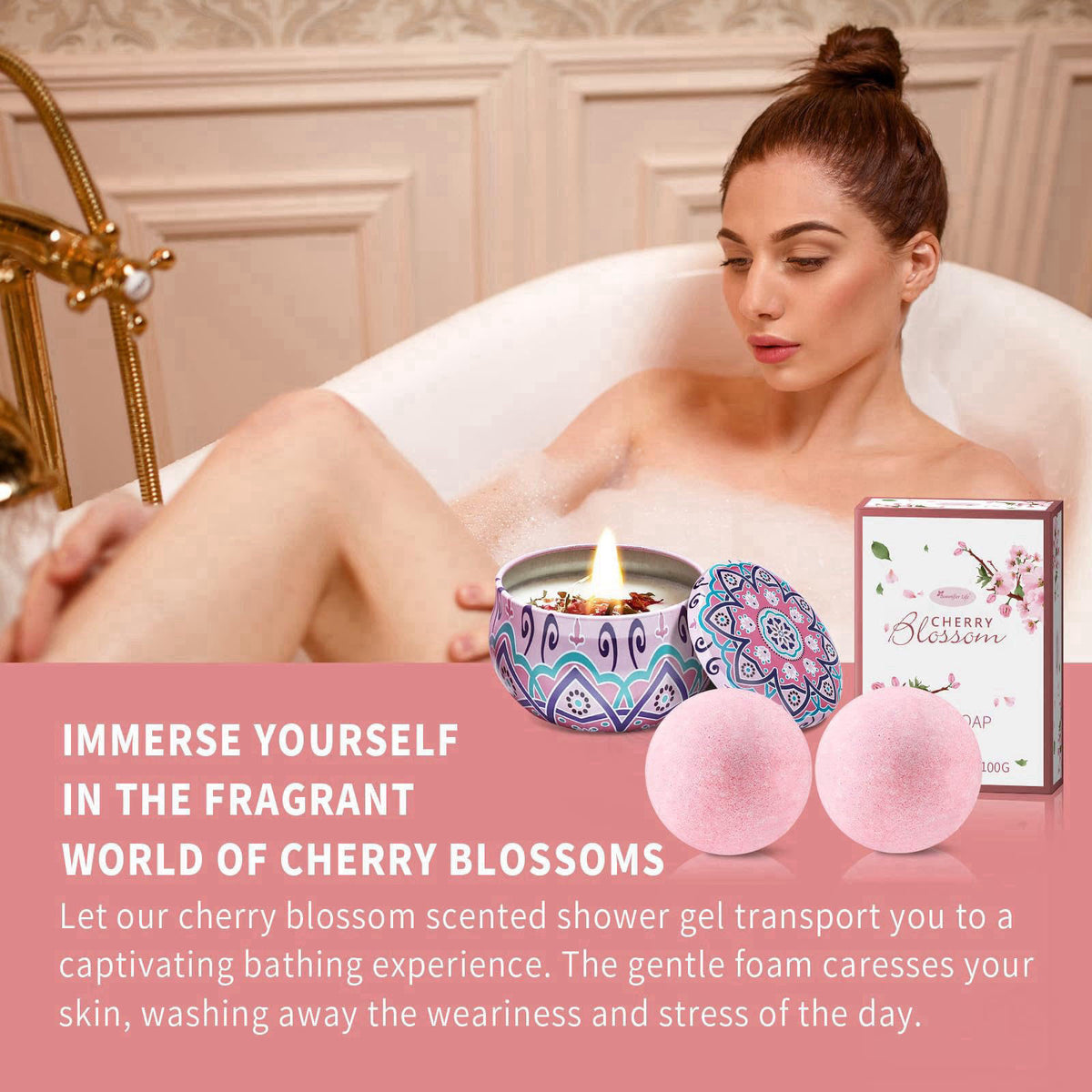 Beautifier Life Japanese Cherry Blossom Bath and Body Set, 7-Piece Spa Kit with Shower Gel, Body Lotion, Bath Oil, Bath 
