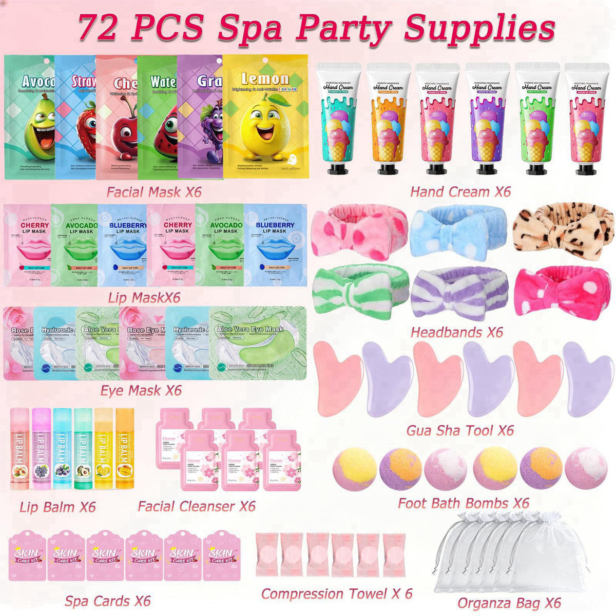 Tudona 72 PCS Spa Party Supplies for Girls,Spa Party Favors Include Face Masks Skincare, Lip Balm, Under Eye Patches, Fo