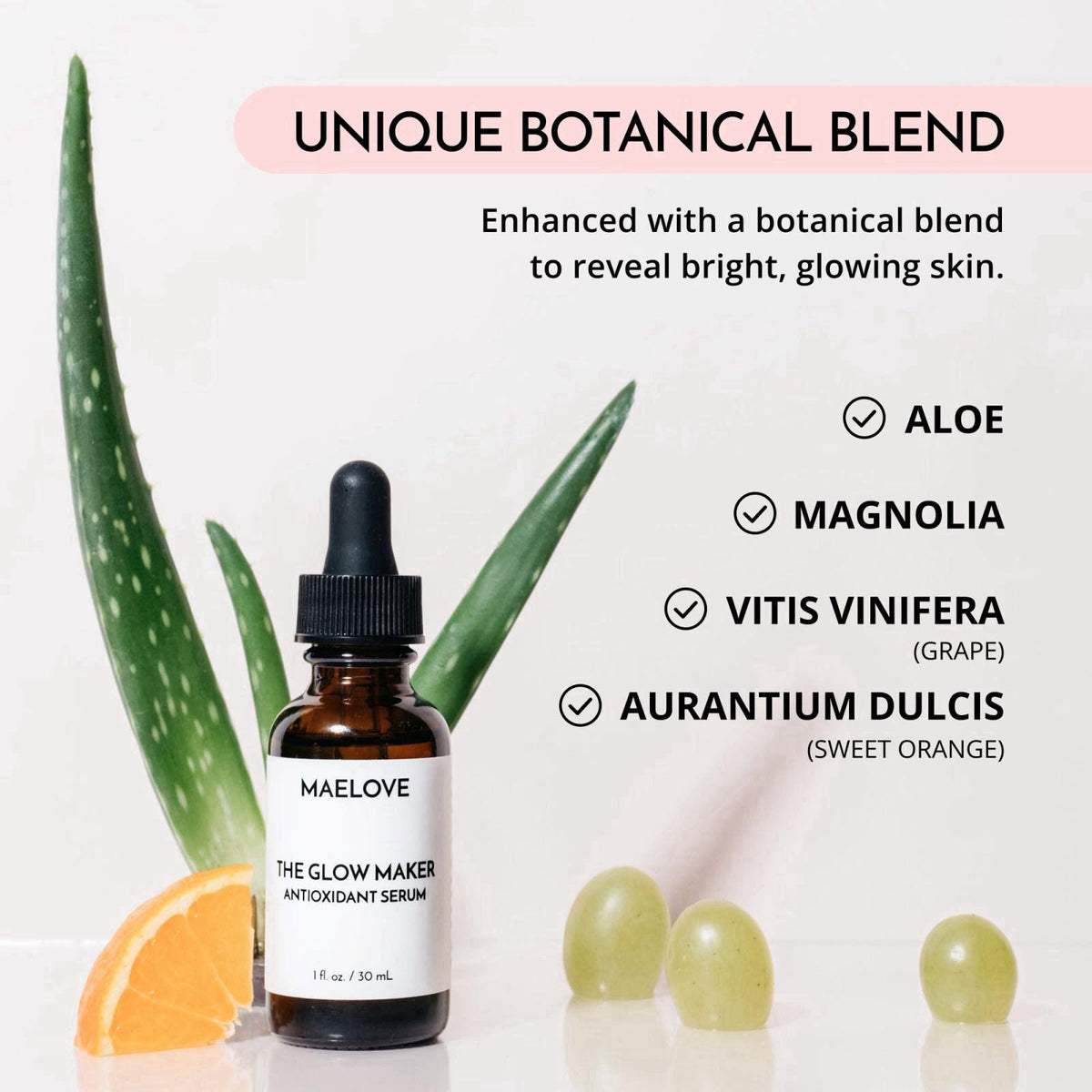 MAELOVE Glow Maker Vitamin C Serum with Vitamin E & Ferulic Acid, 1 fl oz – back view and specifications
