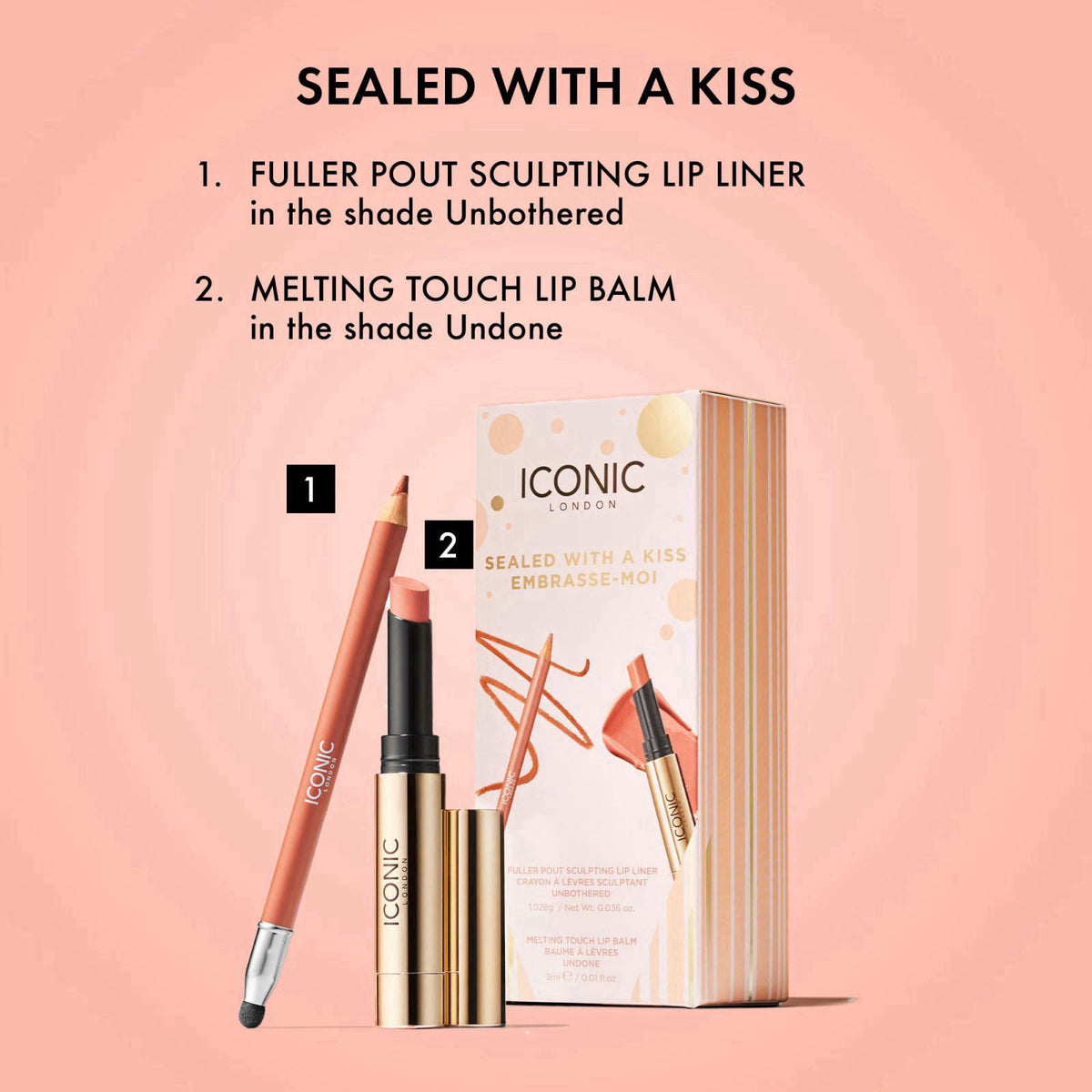 ICONIC LONDON Sealed with a Kiss Gift Set | Includes Melting Touch Lip Balm (Undone) and Fuller Pout Sculpting – packagi