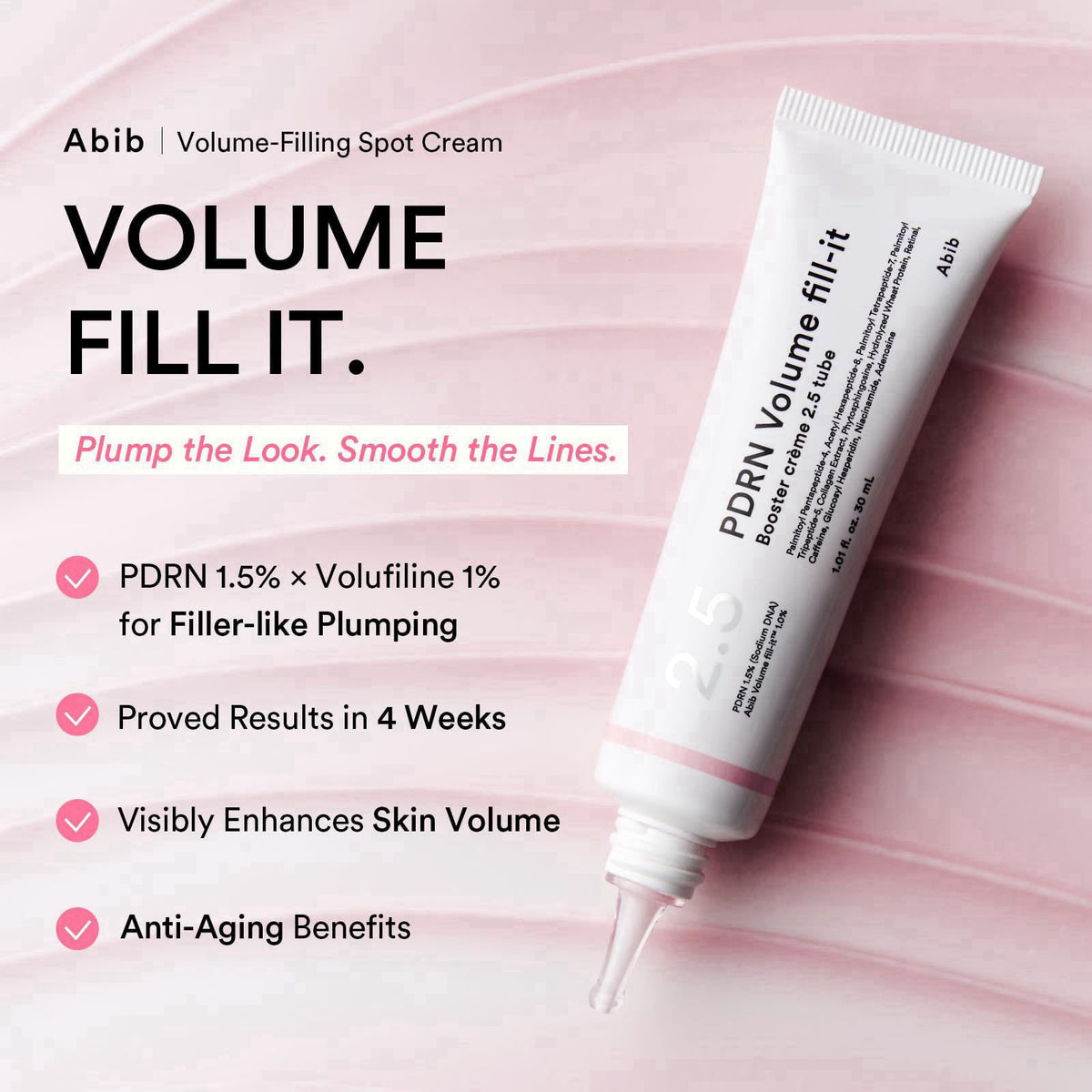 Abib PDRN Volume fill-it Booster Cream 2.5 tube | Facial Volume Plumping with PDRN 15,000ppm Peptides Retinal | For Fore