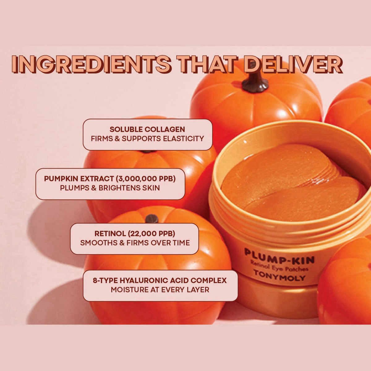 TONYMOLY Plump-kin Pumpkin Retinol Under Eye Patch, Dark Circles, 30 Pairs – packaging and label