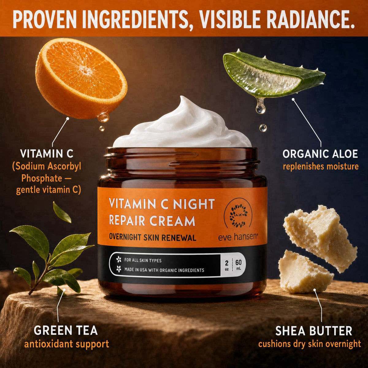 Eve Hansen Vitamin C Night Cream for Face & Neck, Brightening Night Repair Moisturizer for Mature, Dry Skin, Reduces the