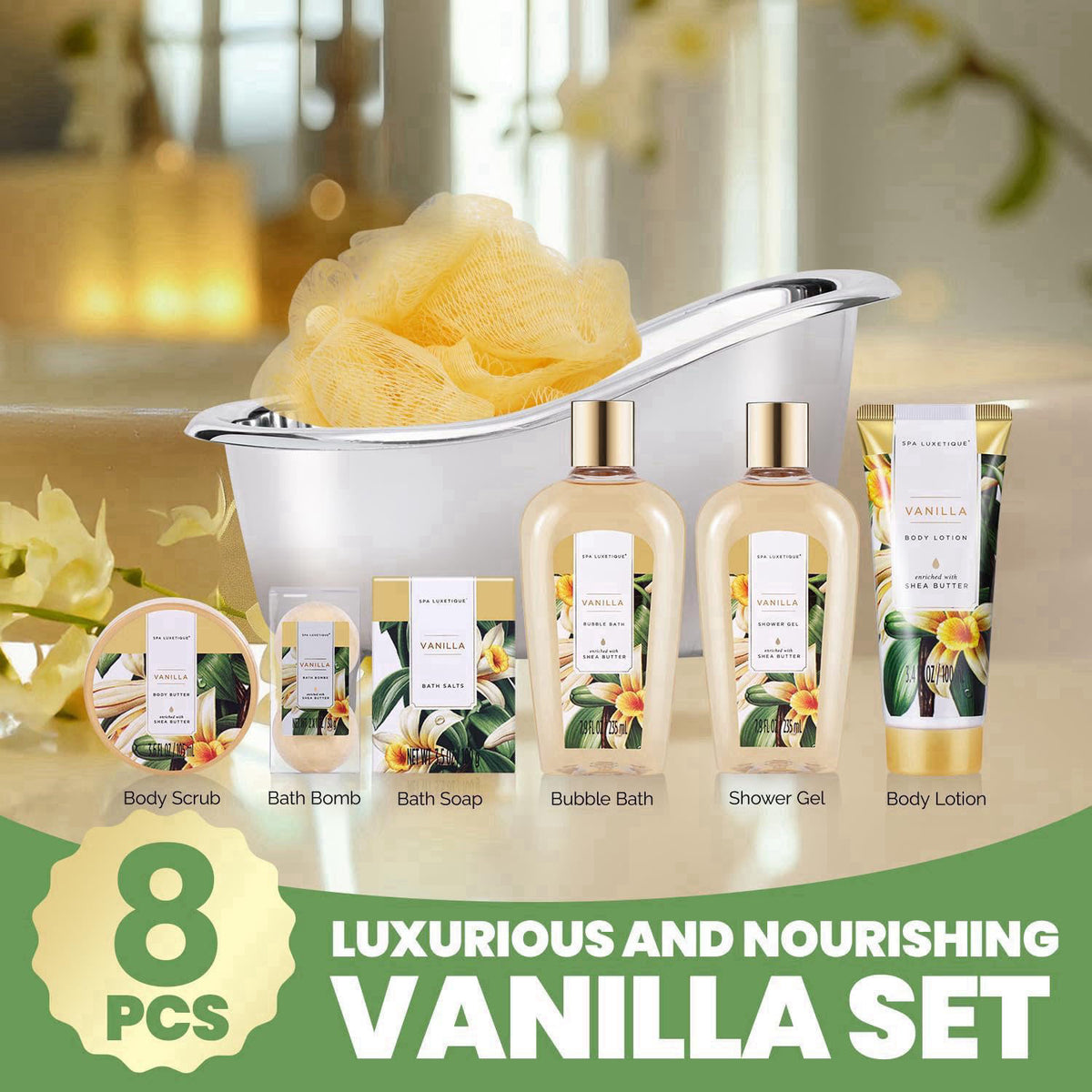 Spa Gift Sets, Gifts for Her, 8pcs Vanilla Bath Sets with Body Butter, Bubble Bath, Bath Bomb, Bath Sets for Women Gifts