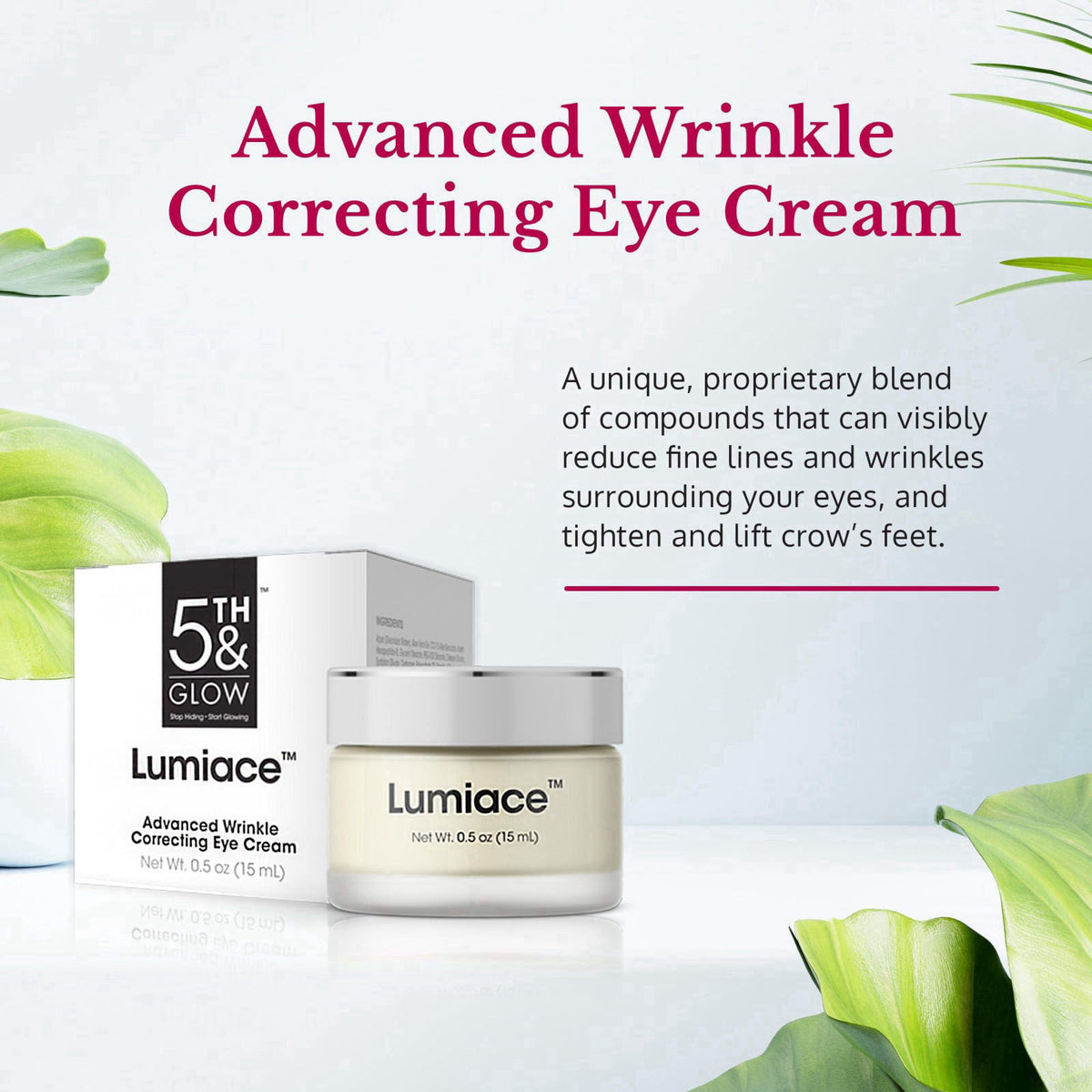 5th & Glow Lumiace - Eye Wrinkle Cream for Women - Peptides for Crows Feet and Bags – back view and specifications