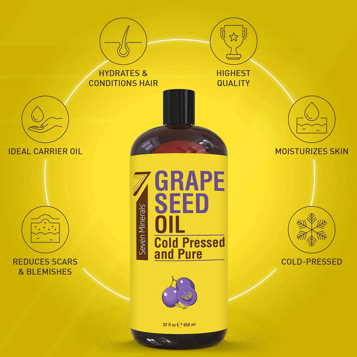 Seven Minerals Pure Grapeseed Oil & Pure Castor Oil – back view and specifications